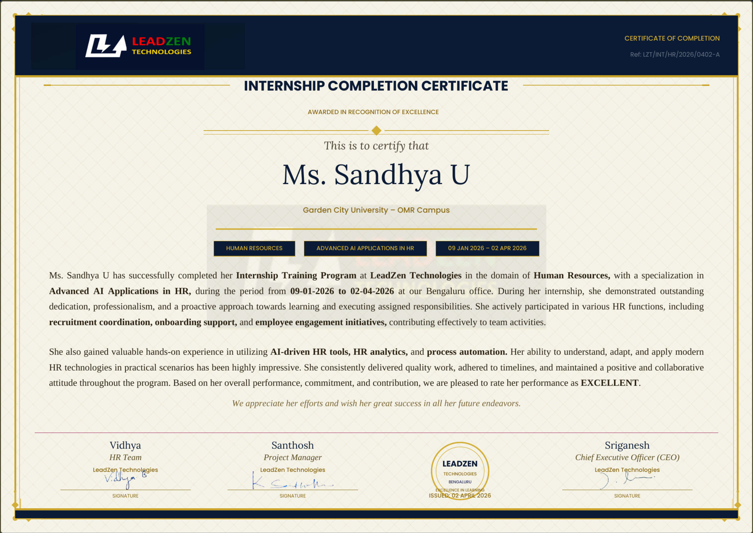 Sandhya internship certificate